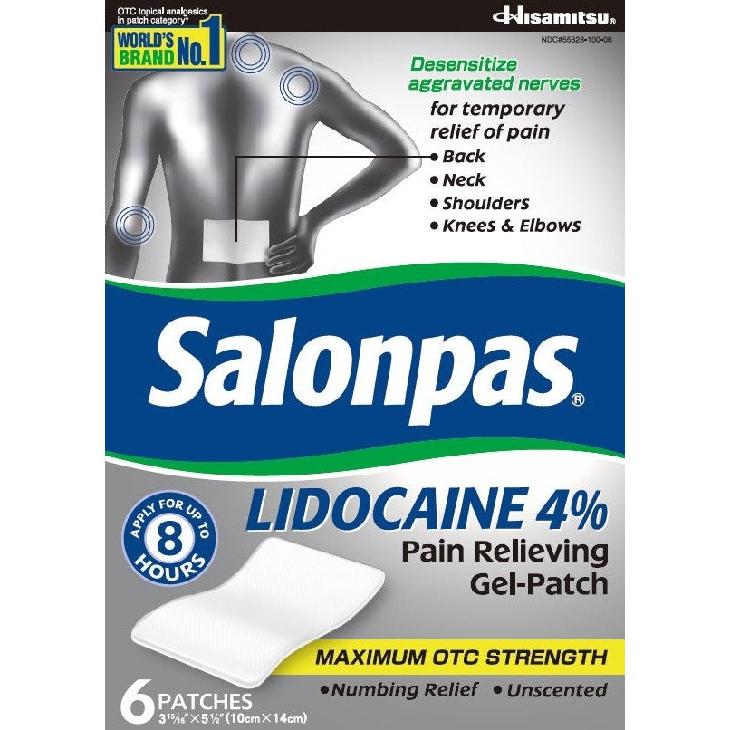 Salonpas Lidocaine 4% Pain Relieving Gel-Patch, Maximum OTC Strength, 6 Patches