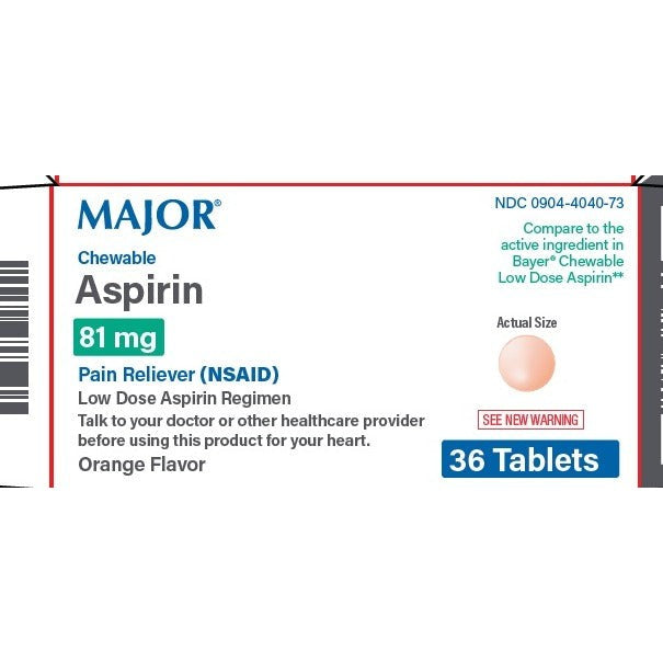 Major Aspirin 81 mg Chewable, Low Dose, Orange Flavor, 36 Tablets