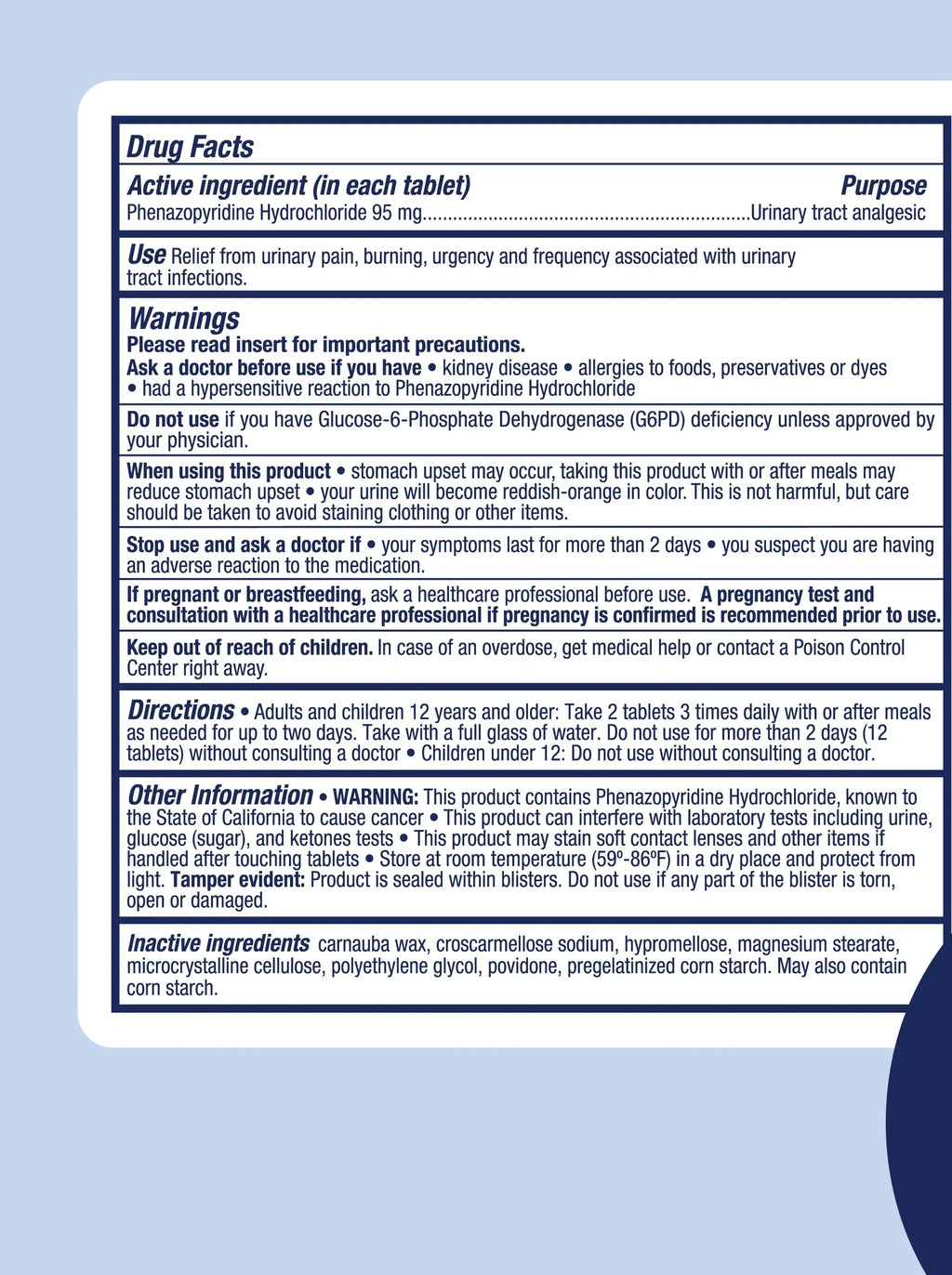 AZO Urinary Pain Relief, 95 mg Phenazopyridine HCl, Value Size, 30 Tablets — Drug Facts