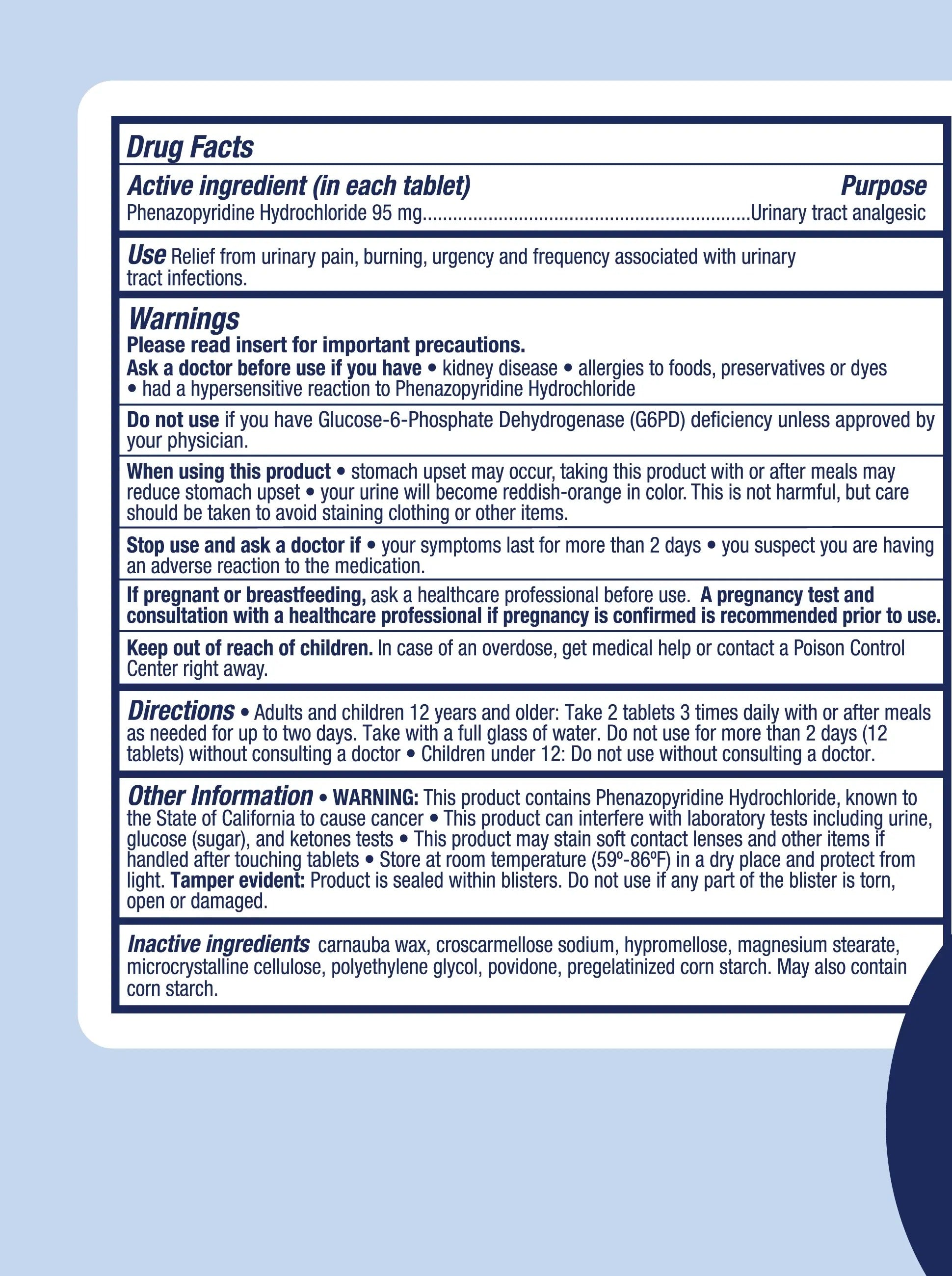 AZO Urinary Pain Relief, 95 mg Phenazopyridine HCl, Value Size, 30 Tablets — Drug Facts
