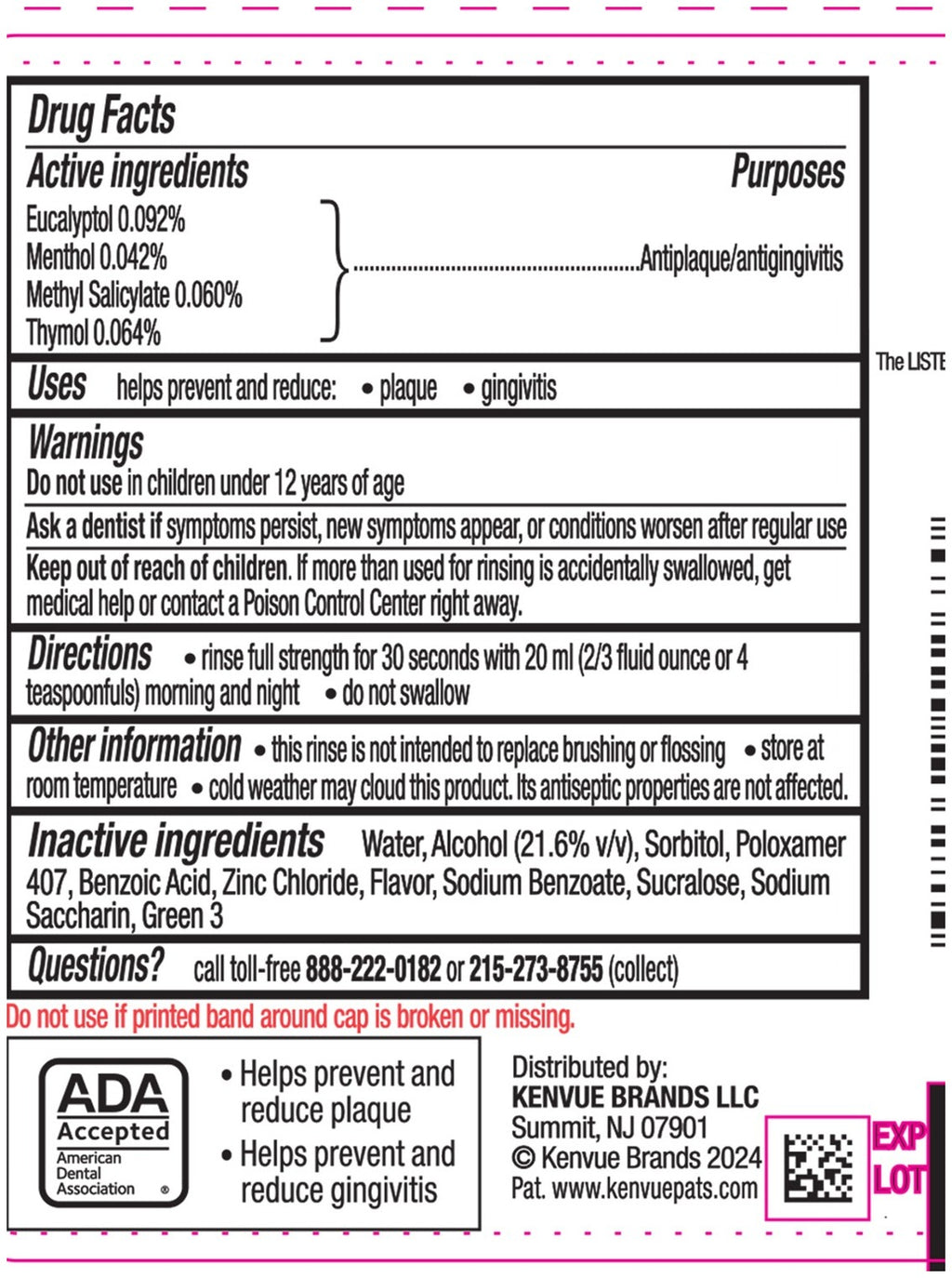Listerine Ultraclean Cool Mint Antiseptic Mouthwash, 500 mL (1.05 pt) — Drug Facts