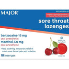 Major Sore Throat Lozenges, Menthol/Benzocaine, Cherry, 18 Lozenges