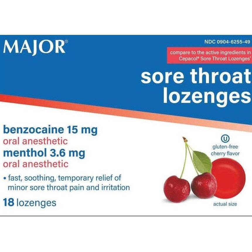 Major Sore Throat Lozenges, Menthol/Benzocaine, Cherry, 18 Lozenges