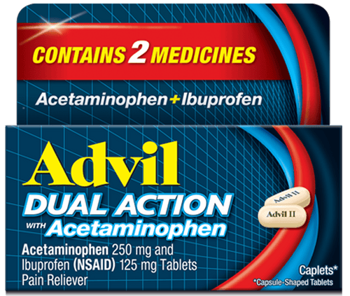 Advil Dual Action with Acetaminophen (Acetaminophen 250 mg + Ibuprofen 125 mg), 72 Caplets