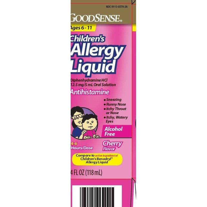 GoodSense Children's Allergy Liquid, Diphenhydramine HCl 12.5 mg/5 mL, Cherry, 4 fl oz (118 mL)