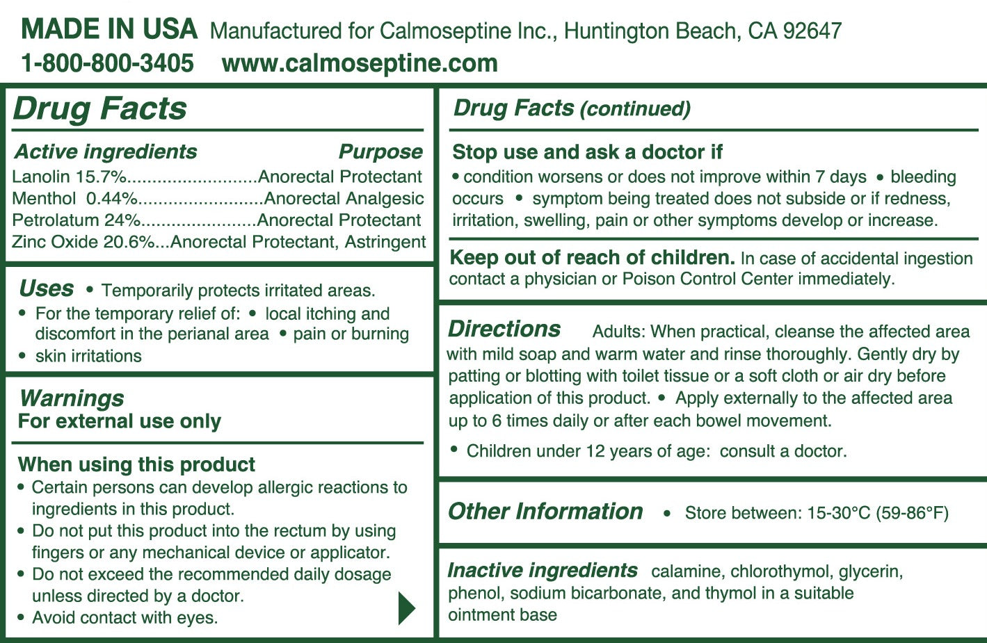 Calmoseptine Healing Ointment 4 oz — Drug Facts