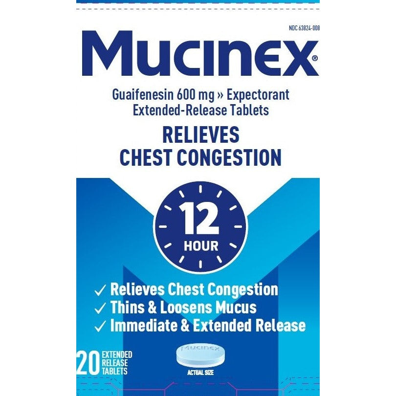Mucinex 12-Hour Expectorant, Guaifenesin 600 mg, 20 Extended-Release Bi-Layer Tablets