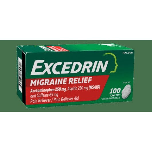 Excedrin Migraine Relief (Acetaminophen 250 mg/Aspirin 250 mg/Caffeine 65 mg), 100 Caplets