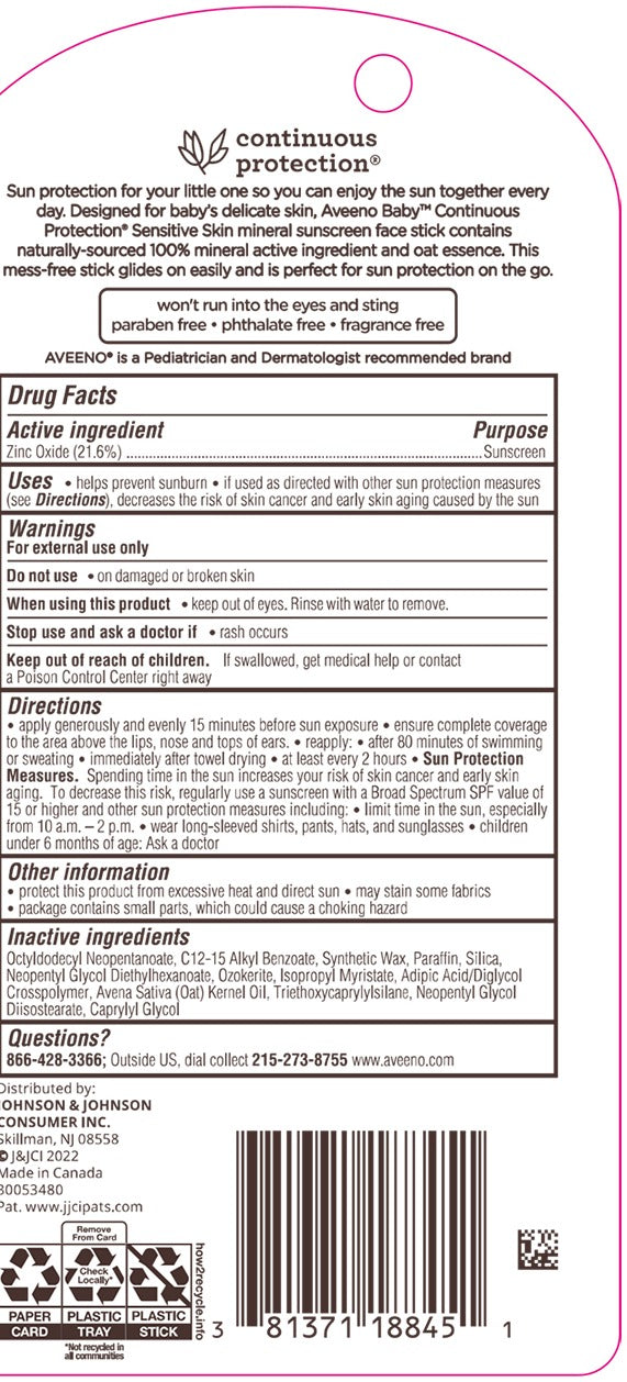 Aveeno Baby Continuous Protection Sensitive Skin Zinc Oxide Sunscreen Stick, SPF 50, 0.47 oz (13 g) — Drug Facts