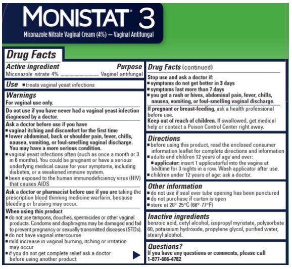 Monistat 3 Vaginal Antifungal, Miconazole 4% Cream, 3 Prefilled Applicators (3-Day Treatment) — Drug Facts