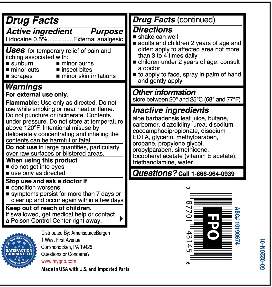 Good Neighbor Pharmacy Burn Relief Spray, Lidocaine 0.5%, 4.5 oz (127 g) — Drug Facts