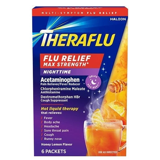 Theraflu Flu Relief Max Strength Nighttime, Honey Lemon, 6 Packets