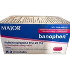 Major Banophen Diphenhydramine HCl 25 mg, Antihistamine, 100 Minitabs