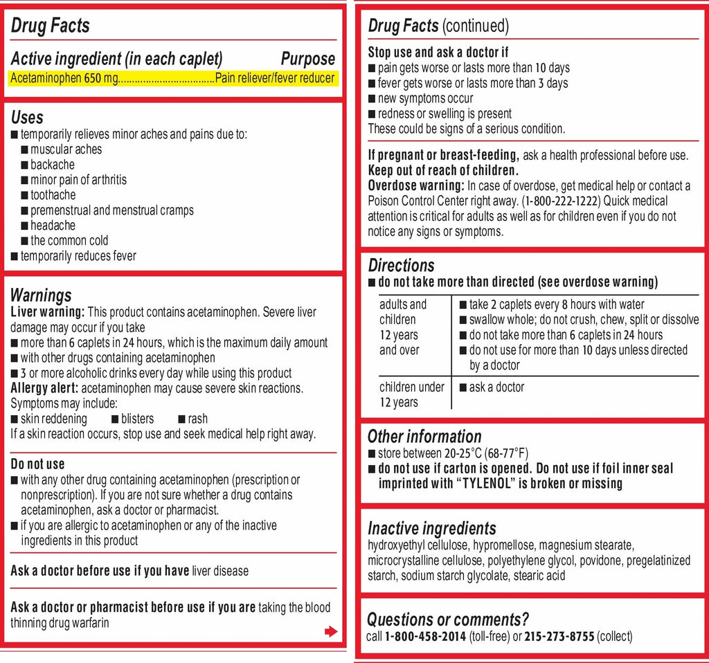 Tylenol 8 HR Muscle Aches & Pain, Acetaminophen Extended-Release 650 mg, 24 Caplets — Drug Facts