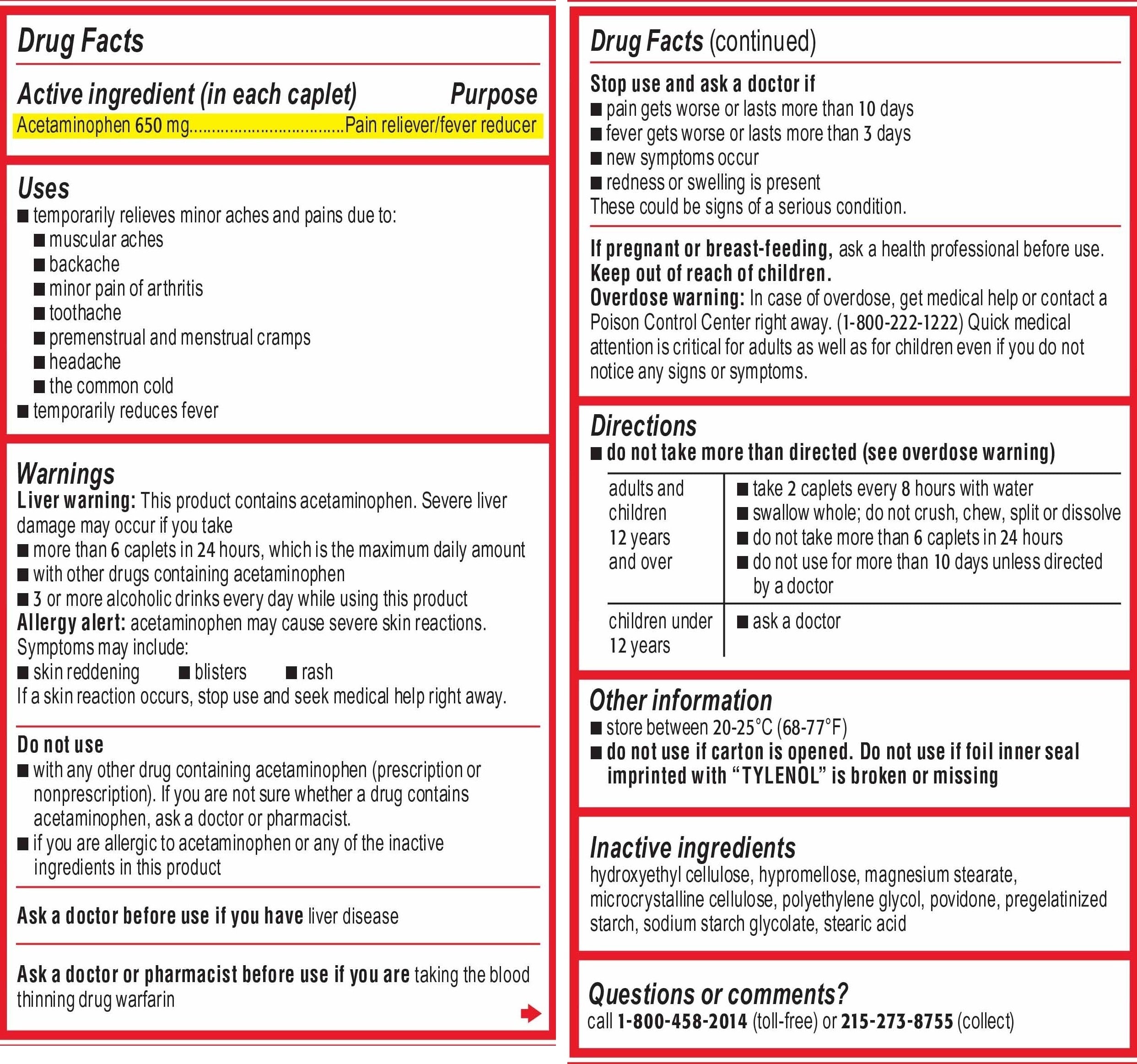 Tylenol 8 HR Muscle Aches & Pain, Acetaminophen Extended-Release 650 mg, 24 Caplets — Drug Facts