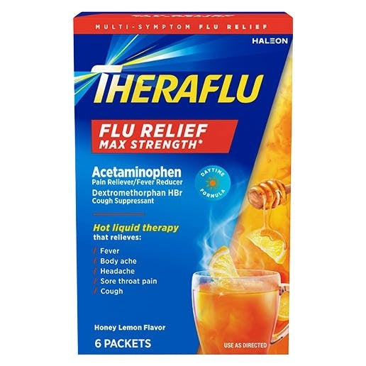 Theraflu Flu Relief Max Strength Daytime, Honey Lemon, 6 Packets