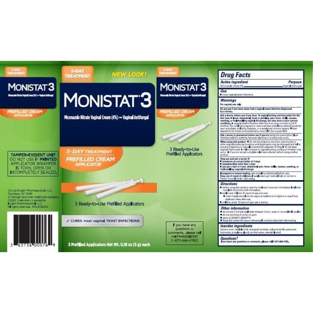 Monistat 3 Vaginal Antifungal, Miconazole 4% Cream, 3 Prefilled Applicators (3-Day Treatment)