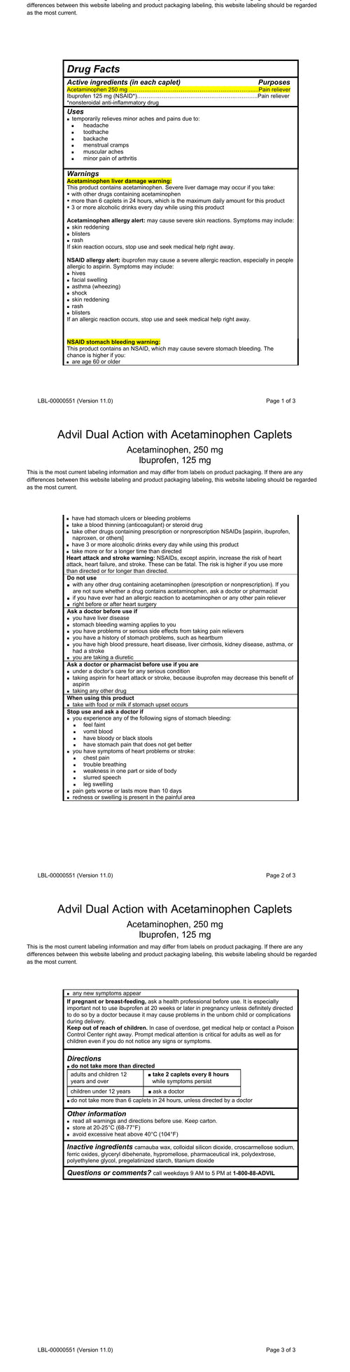 Advil Dual Action with Acetaminophen (Acetaminophen 250 mg + Ibuprofen 125 mg), 72 Caplets — Drug Facts
